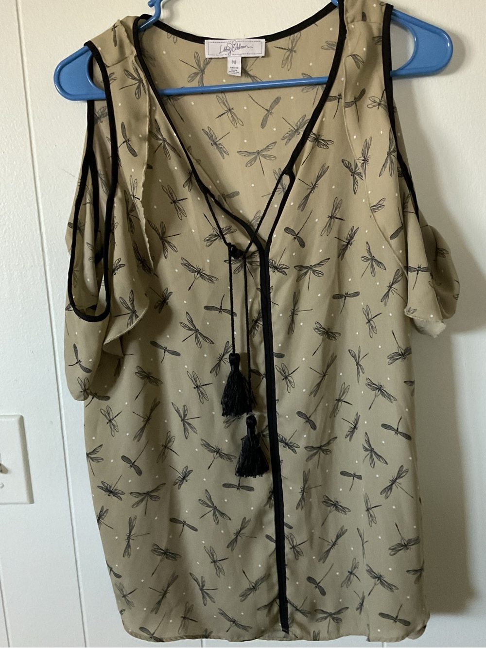 Libby Edelman Olive Green Dragonfly Print Cold-Shoulder Blouse with Black Trim.